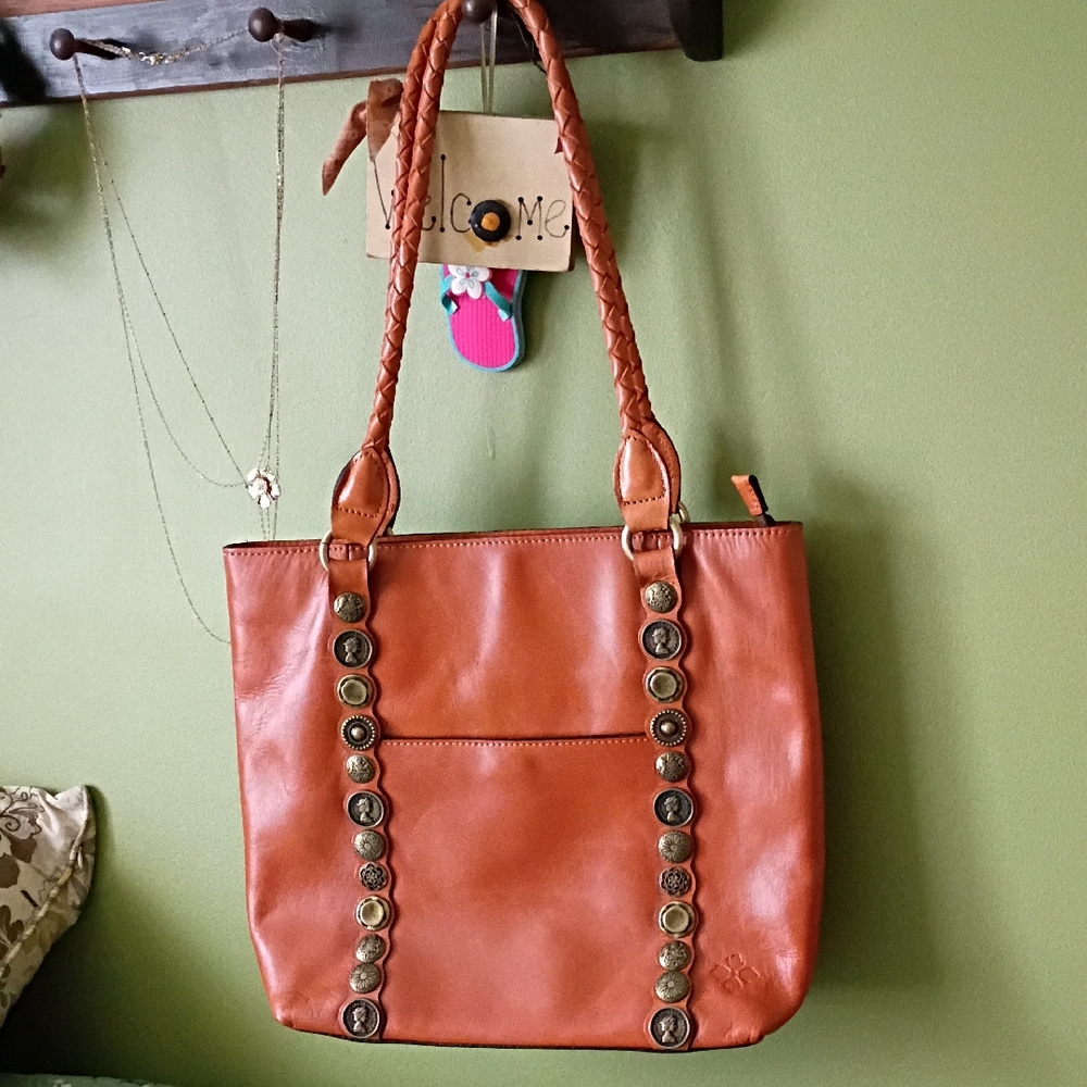 Patricia Nash Tan Shoulder/Tote Bag with Brass Medallion Accent